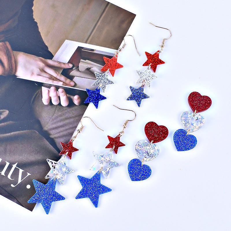 Wholesale American Independence Day Red White and Blue Striped Flag Love Heart Five-pointed Star Earrings