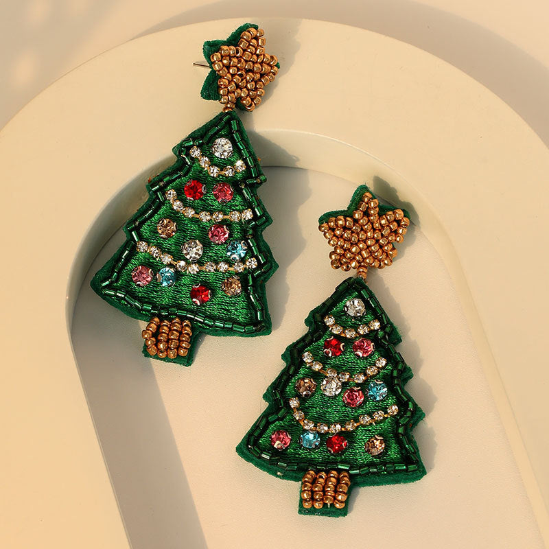 Wholesale Christmas Tree Fabric Handmade Rice Beads Creative Design Beads Christmas Fashion Earrings