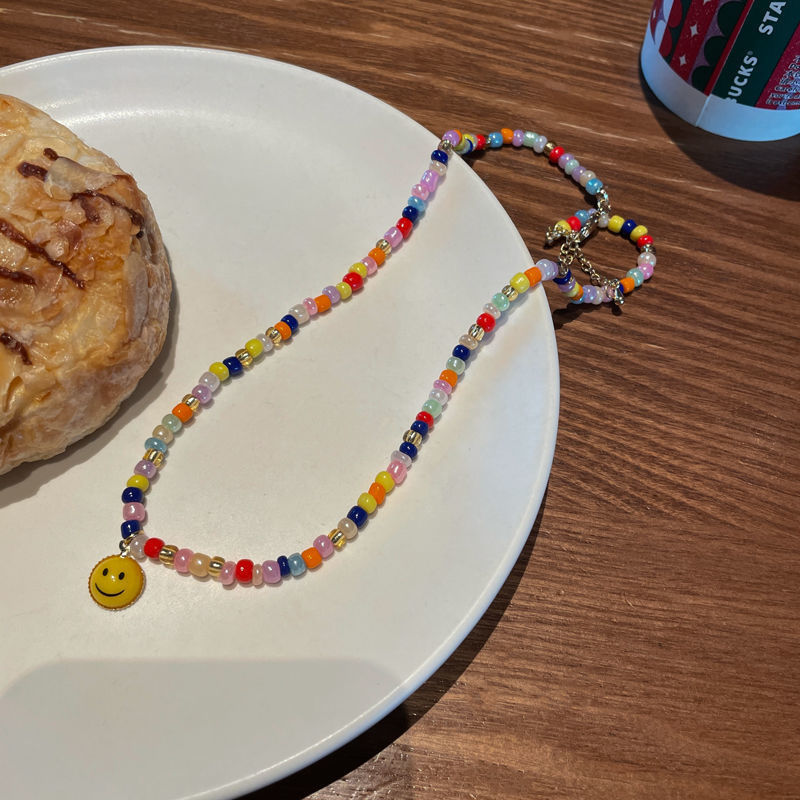 Wholesale Rainbow Color Rice Beads Beaded Smiley Clavicle Necklaces