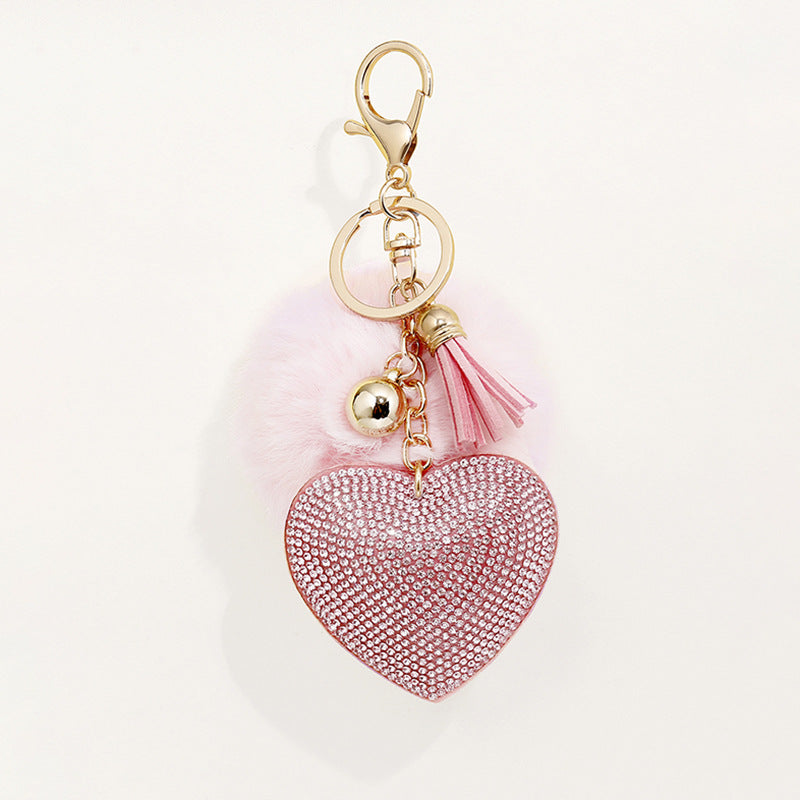 Wholesale of 50pcs Velvet Inlaid Diamond Heart Tassel Zinc Alloy Keychain