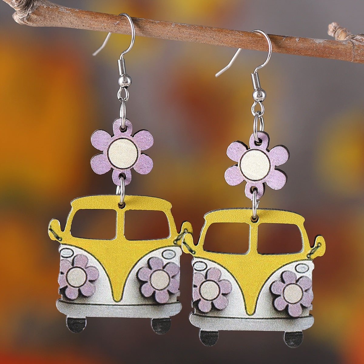Wholesale Teacher's Day Back To School Season Flower School Bus Wooden Earrings