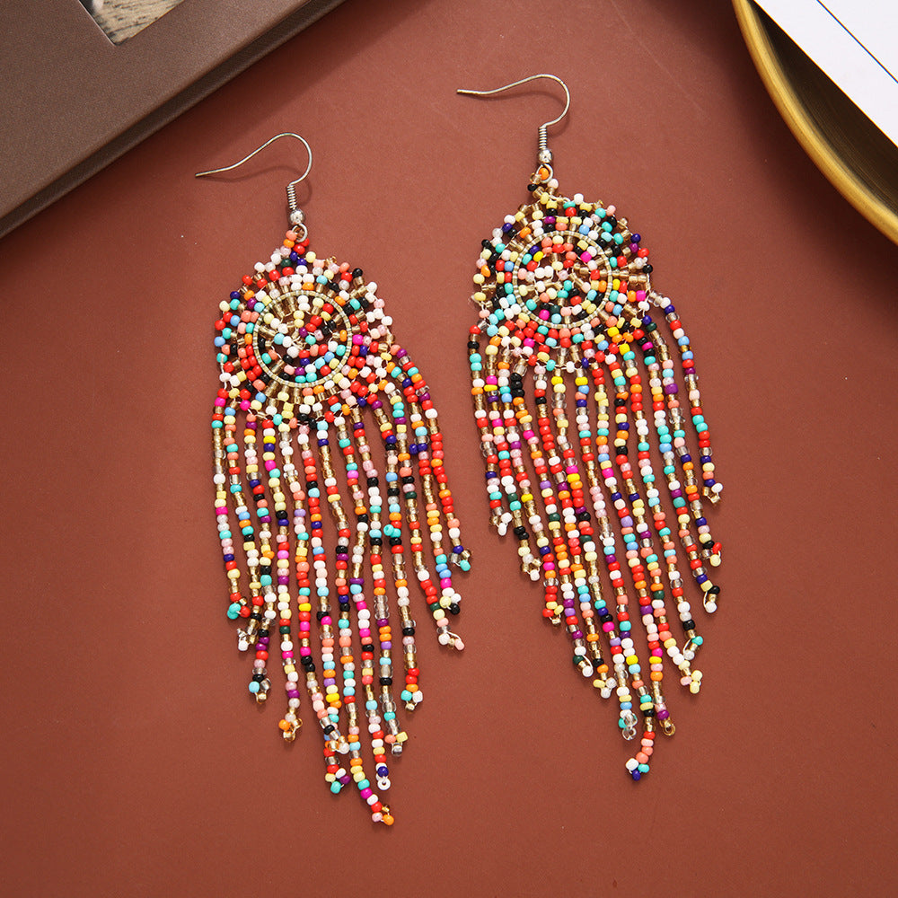 Wholesale Geometric Round Dreamweaver Mesh Rice Beads Tassel Earrings