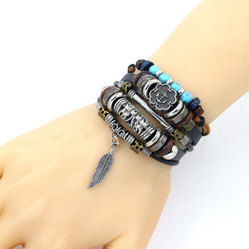 Wholesale alloy anchor cowhide bracelet turquoise beaded multi-layer braided bracelet