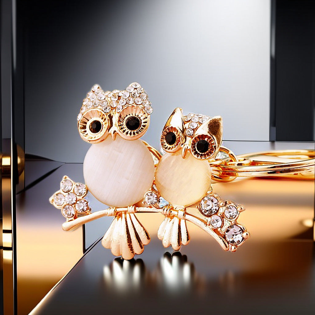 Wholesale Pink Rhinestone Owl Car Keychain Metal Key Ring Bag Charm Fashion Accessory Gift
