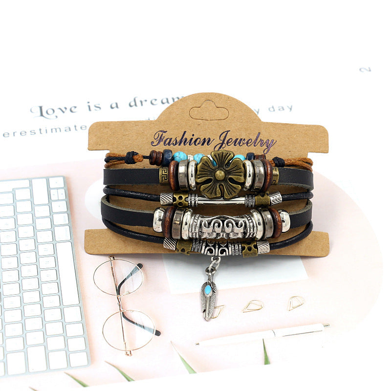 Wholesale Fashion Multi-layer Alloy Beaded Turquoise Braided Bracelet