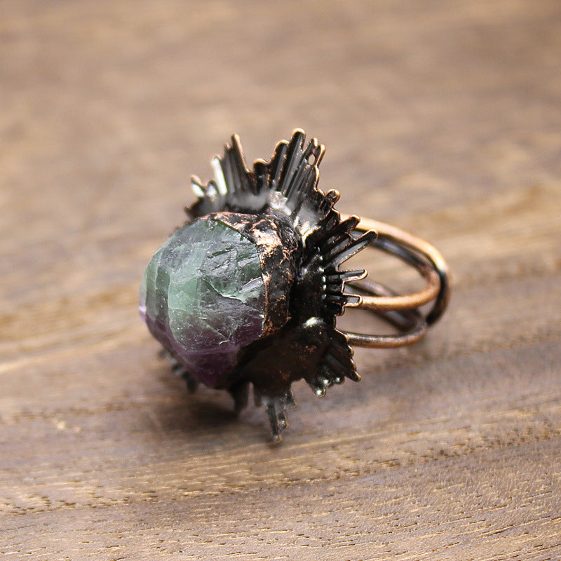 Wholesale Vintage crystal raw stone ring fluorite obsidian open ring