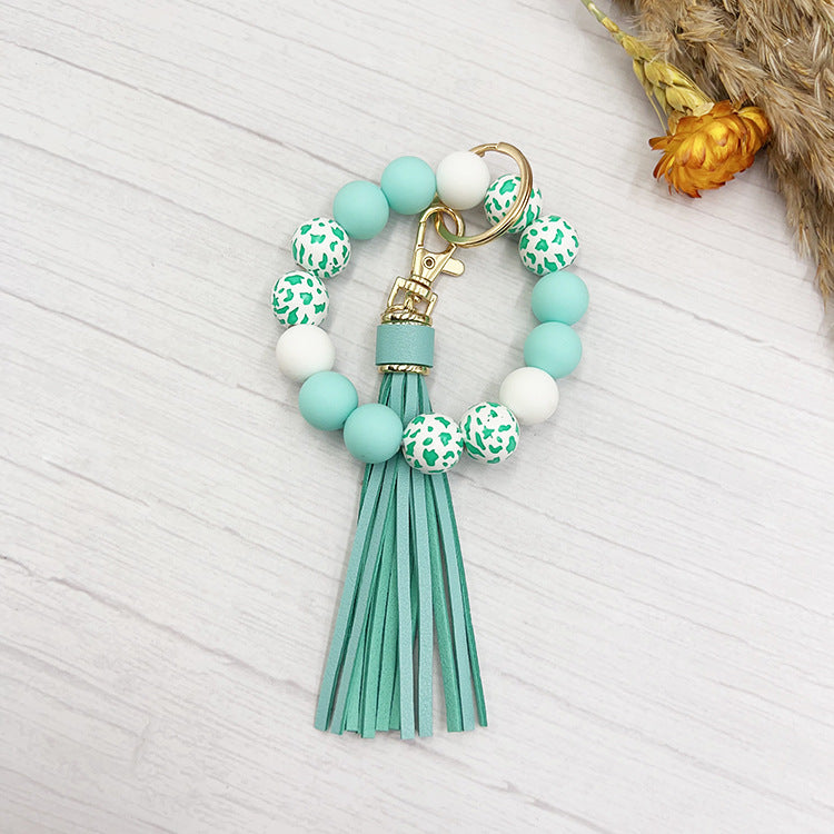 Wholesale Western Style Cow Grain Wood Beads Silicone Handmade Keychain Bag Key Accessories