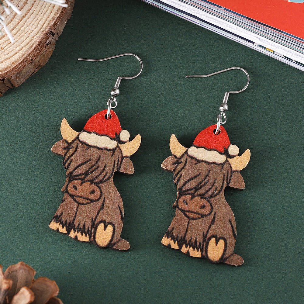 Wholesale Christmas Western Style Mountain Cow Wood Double-Sided Earrings