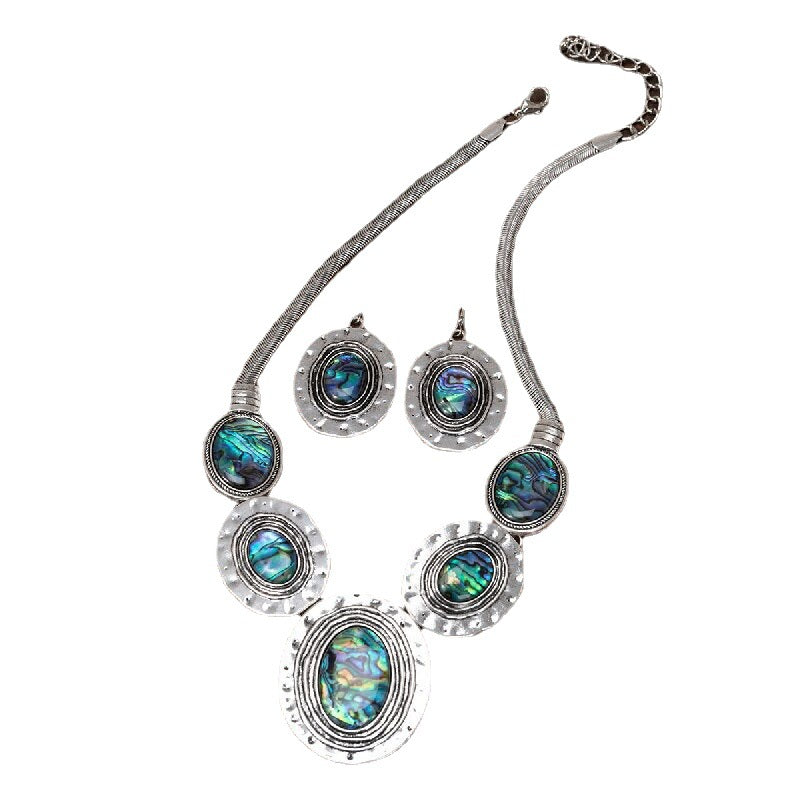 Wholesale Vintage Oval Snake Chain Abalone Earring Necklace Jewelry Set