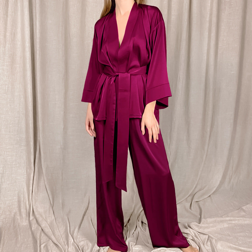 Wholesale Cardigan Tie Up Polyester Loose Fitting Pajama Set