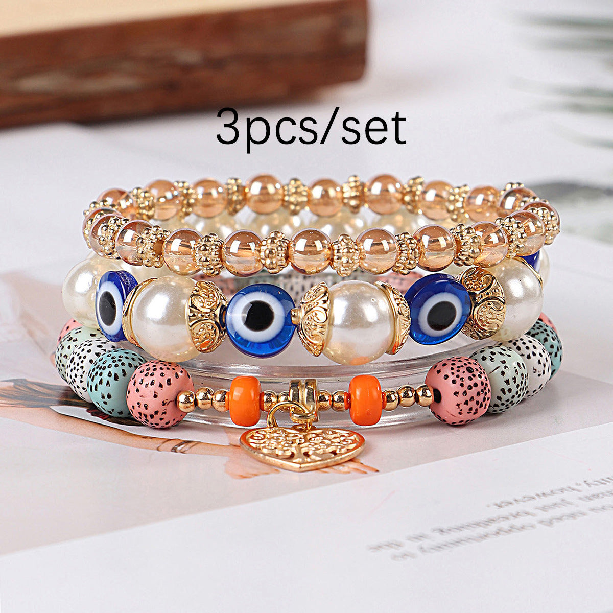 Wholesale Bohemian Eye Tree of Life Pendant Multi Layered Pendant Glass Elastic Bracelet