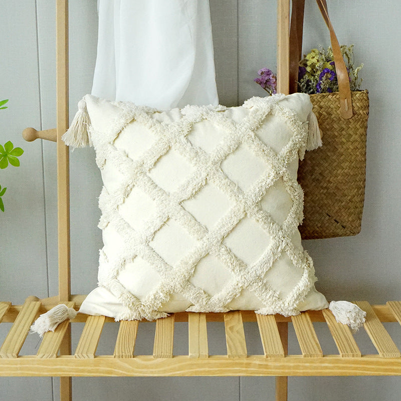 Wholesale Canvas Diamond Bohemian Tufted Fringed Throw Pillow Cover