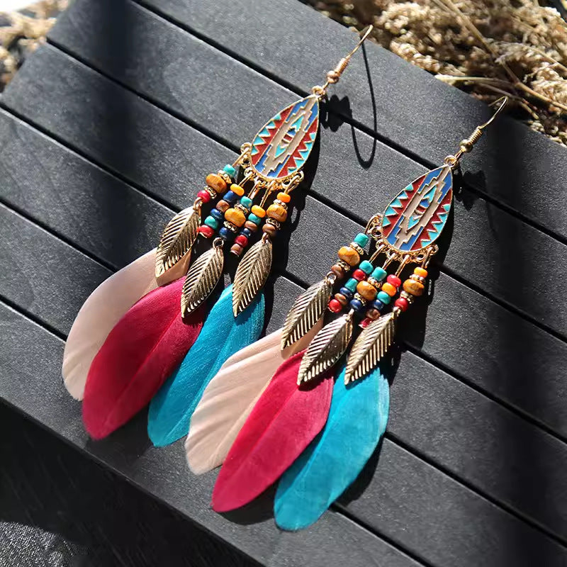 Wholesale Ethnic style super fairy high-end feather earrings