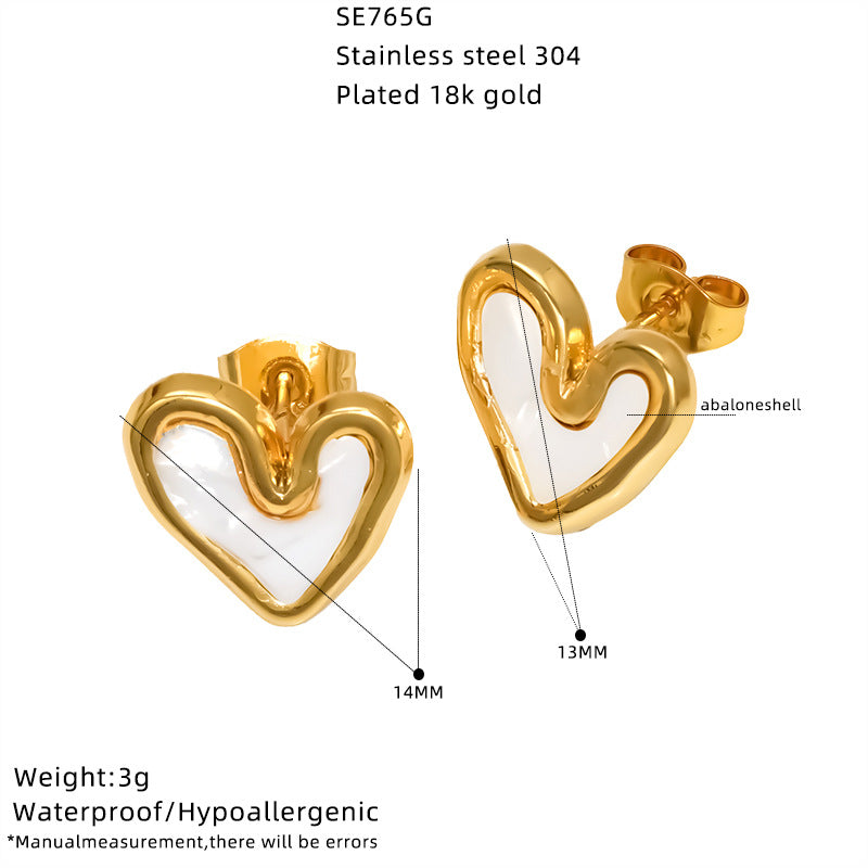 Wholesale Stainless Steel 18K Gold Plated Heart Inlaid Shell Stud Earrings
