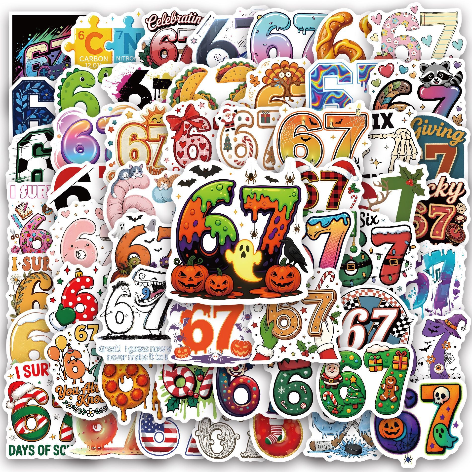 Wholesale 60pcs Colorful neon numbers 67 Waterproof Vinyl Stickers