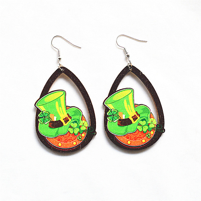 Wholesale innovative wooden St. parcret festival clover green rainbow dwarf Irish earrings