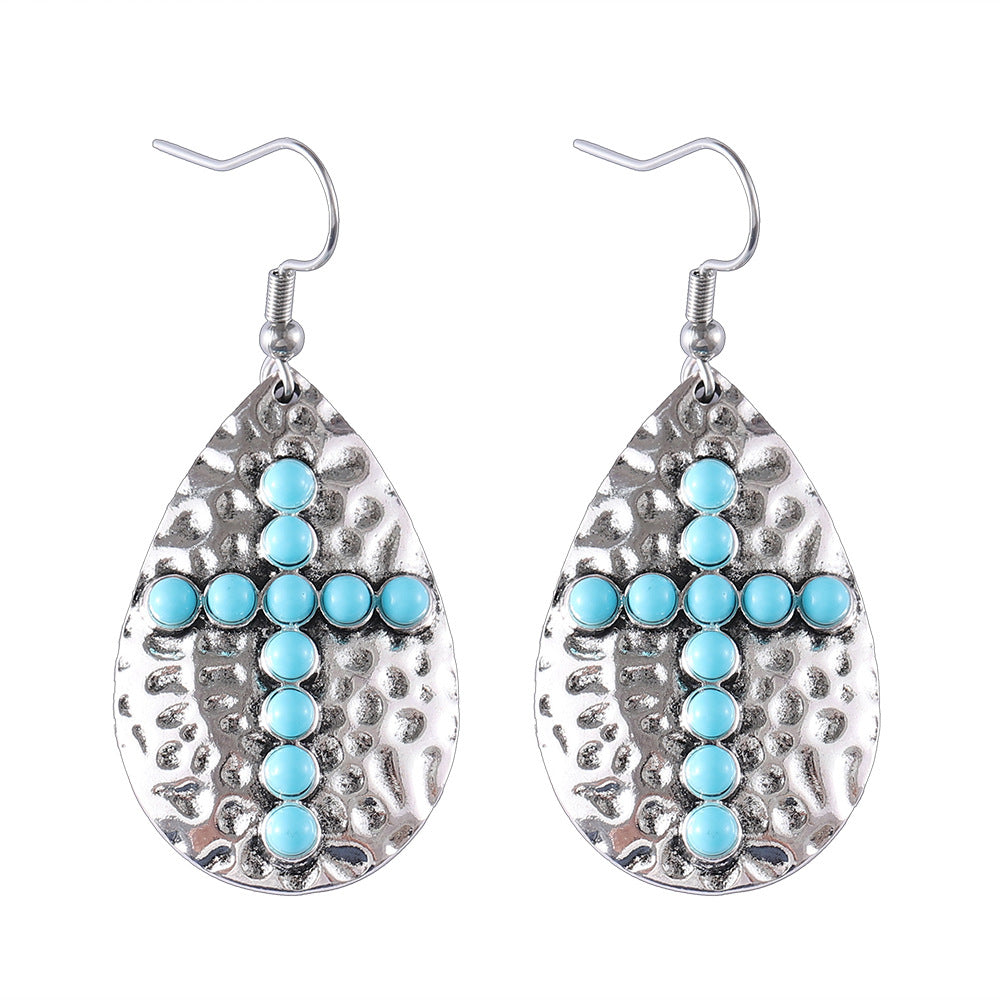 Wholesale Vintage Bohemian Geometric Drop-Shaped Turquoise Cross Pendant Earrings