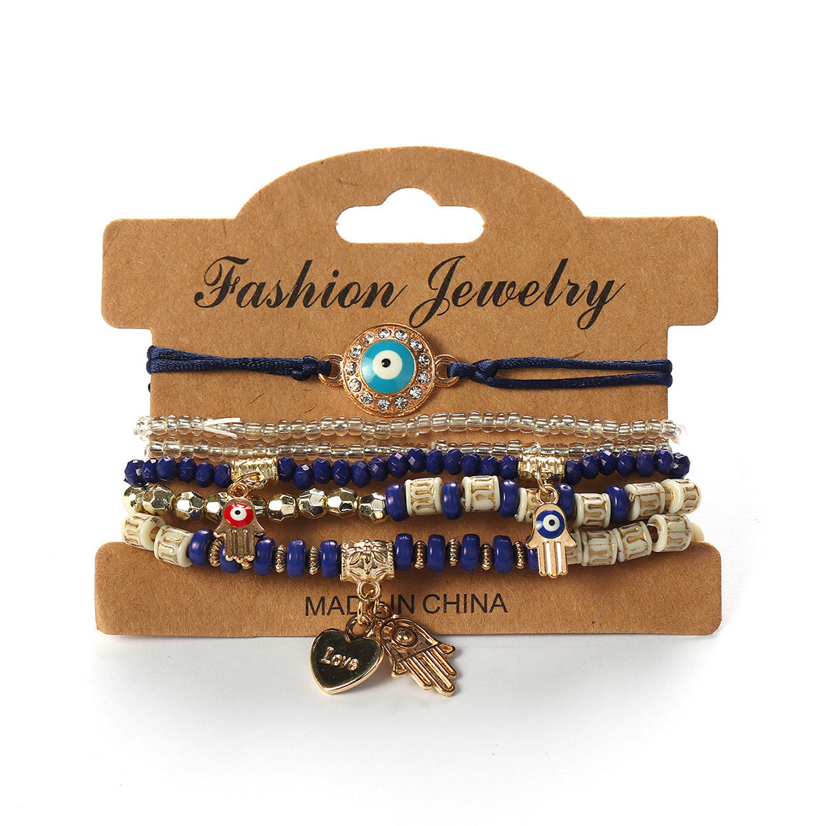 Wholesale Bohemian Devil' s Eye Palm Love Multi layer Elastic Rope Bracelet