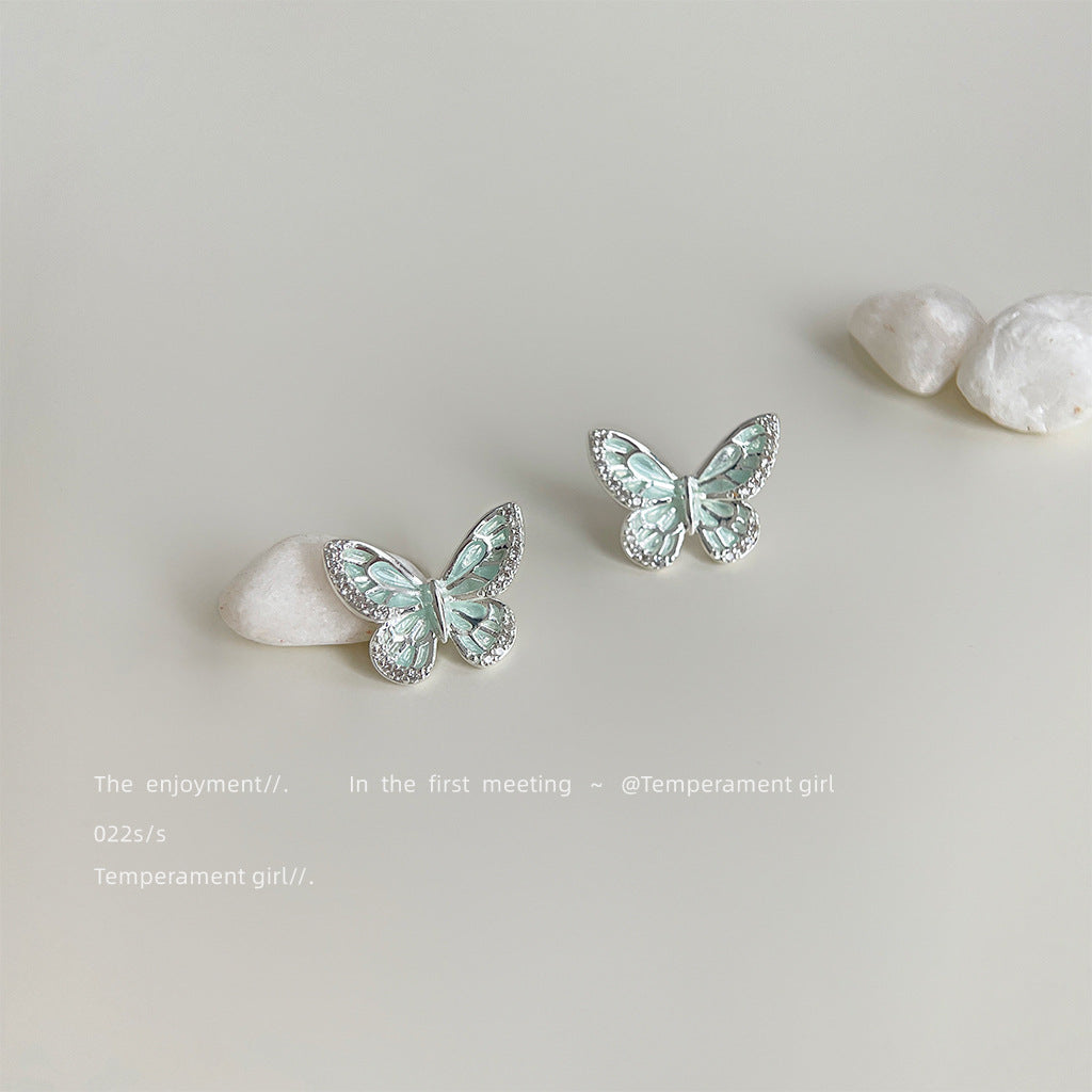 Wholesale Micro inlaid zircon mint green silver needle butterfly earrings