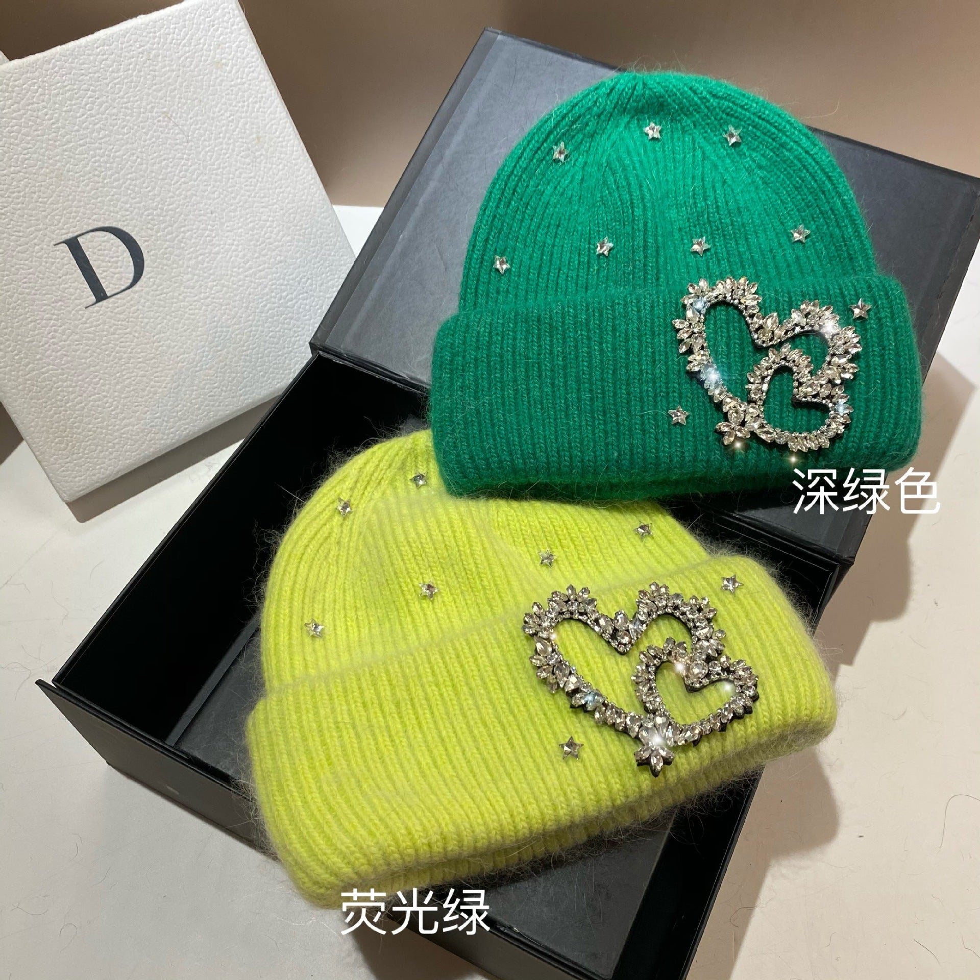 Wholesale Heavy Industry Rhinestone Heart Rabbit Fur Earmuff Knitted Hat