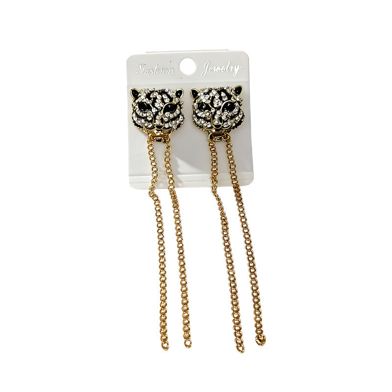 Wholesale 925 Silver Leopard Head Full Diamond Tassel Earrings