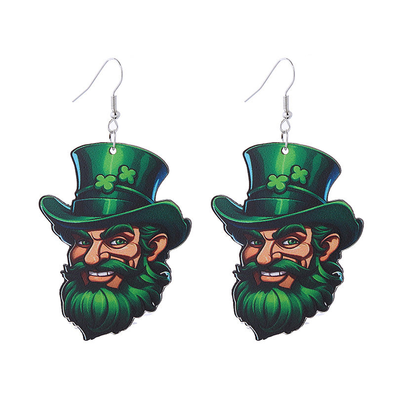 Wholesale St. Parcret festival Green lucky grass rainbow hat beard Irish wooden earrings