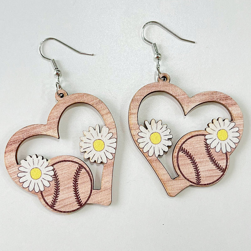 Wholesale 2pairs/pack Sports Balls Wooden Flower Hollow Love Sunflower Earrings
