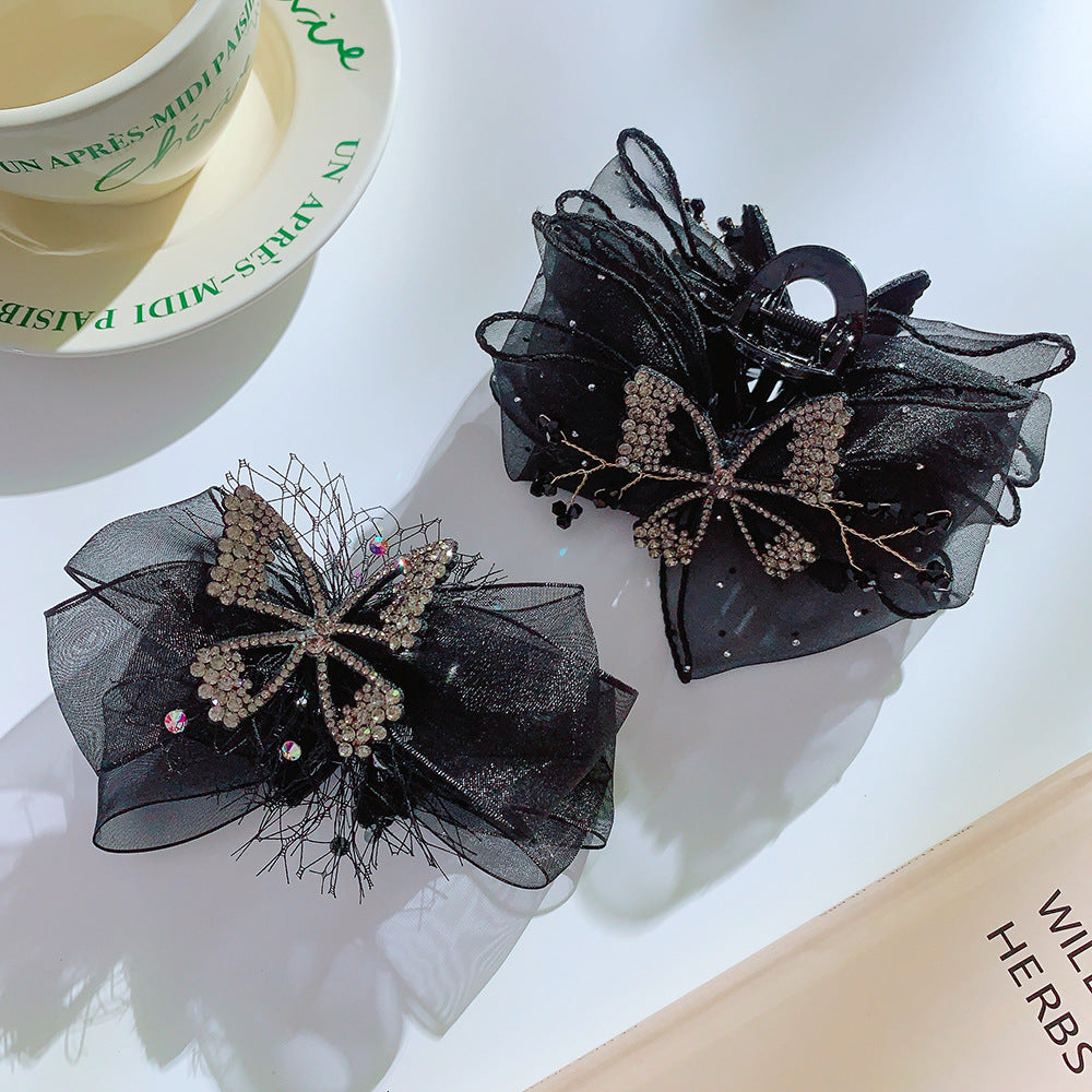 Wholesale Mesh Bowknot Grabbing Clip With Drill Retro Simple Curly Hair Headdress With Polka Dot Hair Clip