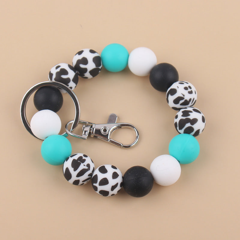 Wholesale Cow Pattern Leopard Pattern Silicone Beaded Wrist Keychain