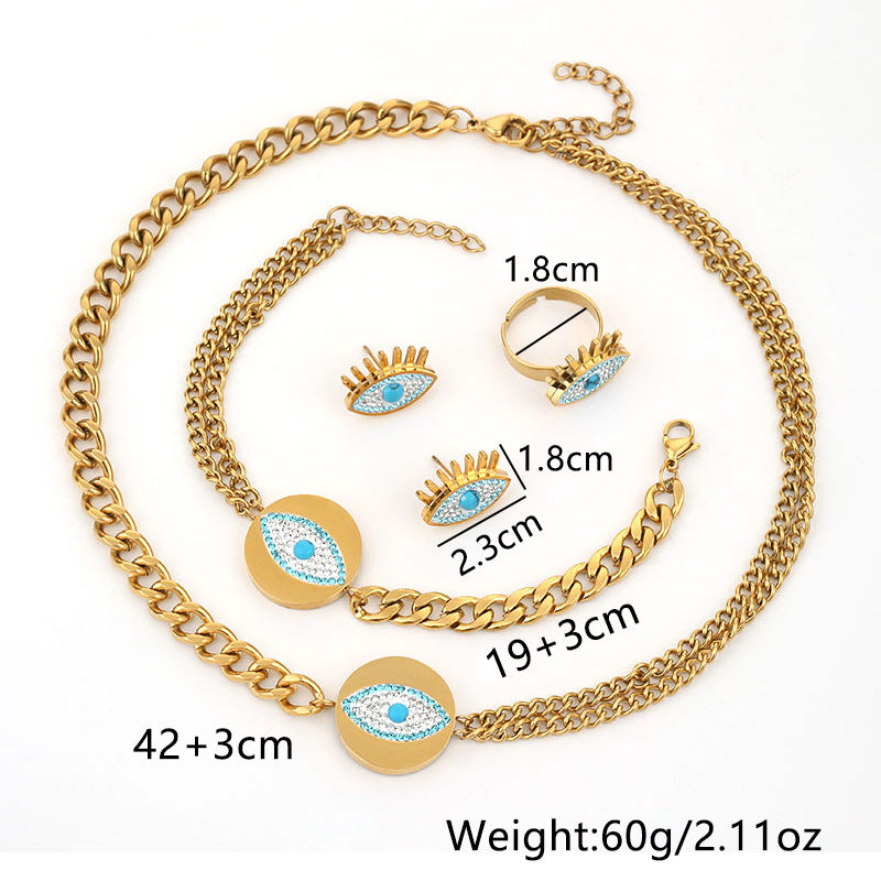 Wholesale Gute Double Layer Necklace Devil Eyes Earrings Ring Jewelry Set