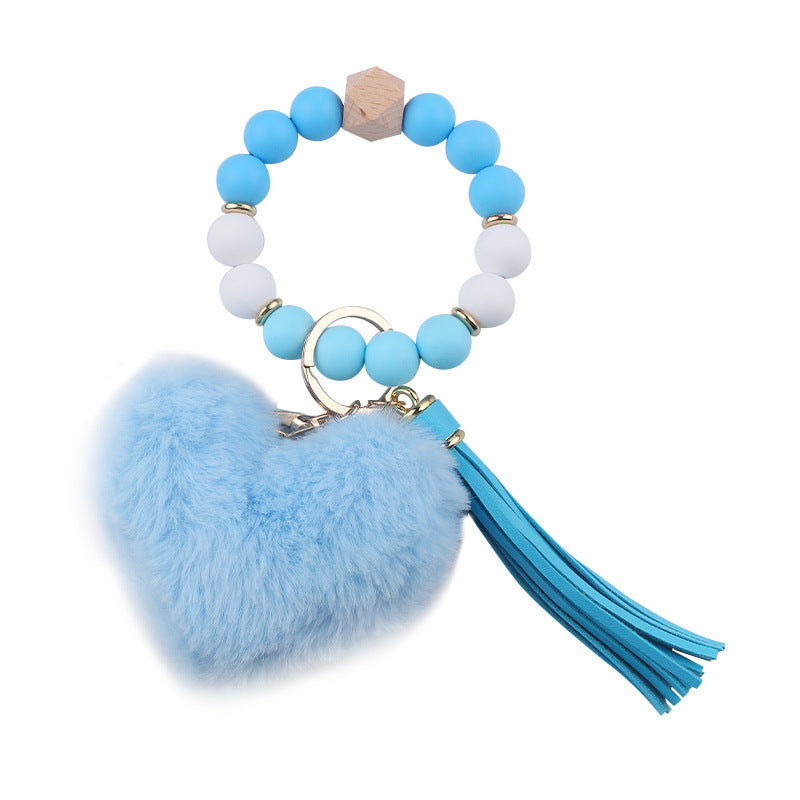 Wholesale Heart Shape Fur Ball Tassel Silicone Beaded Wrist Keychain