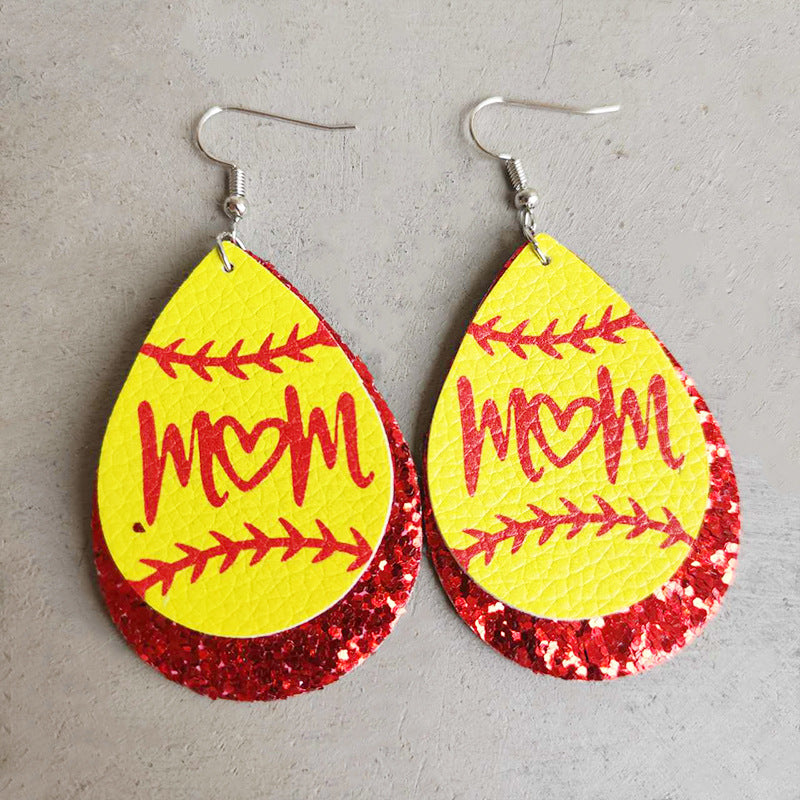 Wholesale Love Letter Mom Baseball Leather Earrings