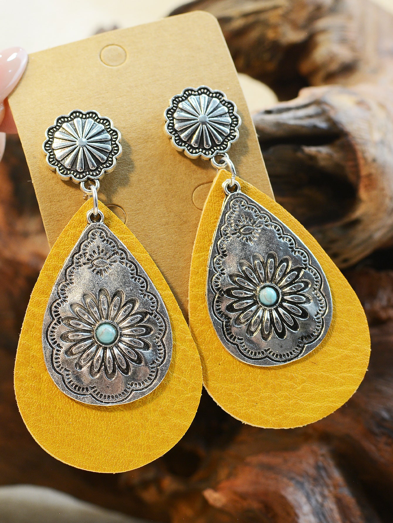 Wholesale Turquoise Inlaid Western Cowboy Earrings Plush Cow  Semi-Circle Cut Out Leopard