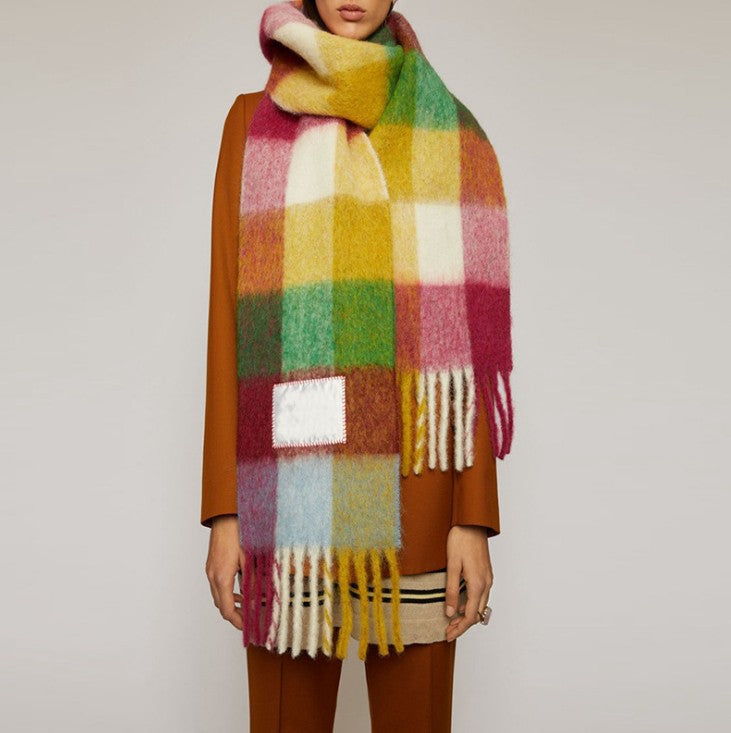 Wholesale Winter Ac Double Sided Rainbow Plaid Long Color Block Tassel Polyester Scarf