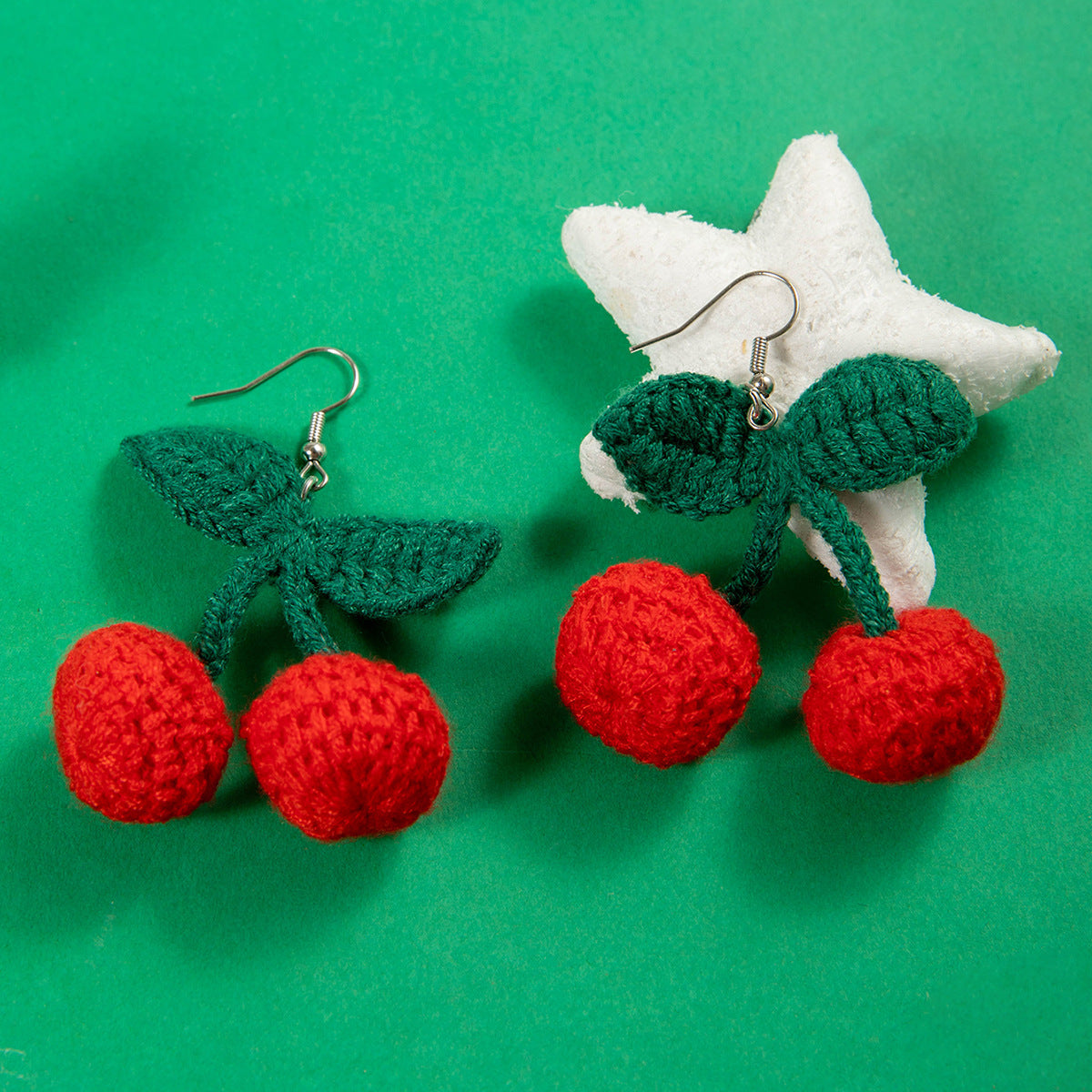 Wholesale Wool Woven Red Cherry  Water Simulation Fruit Earrings