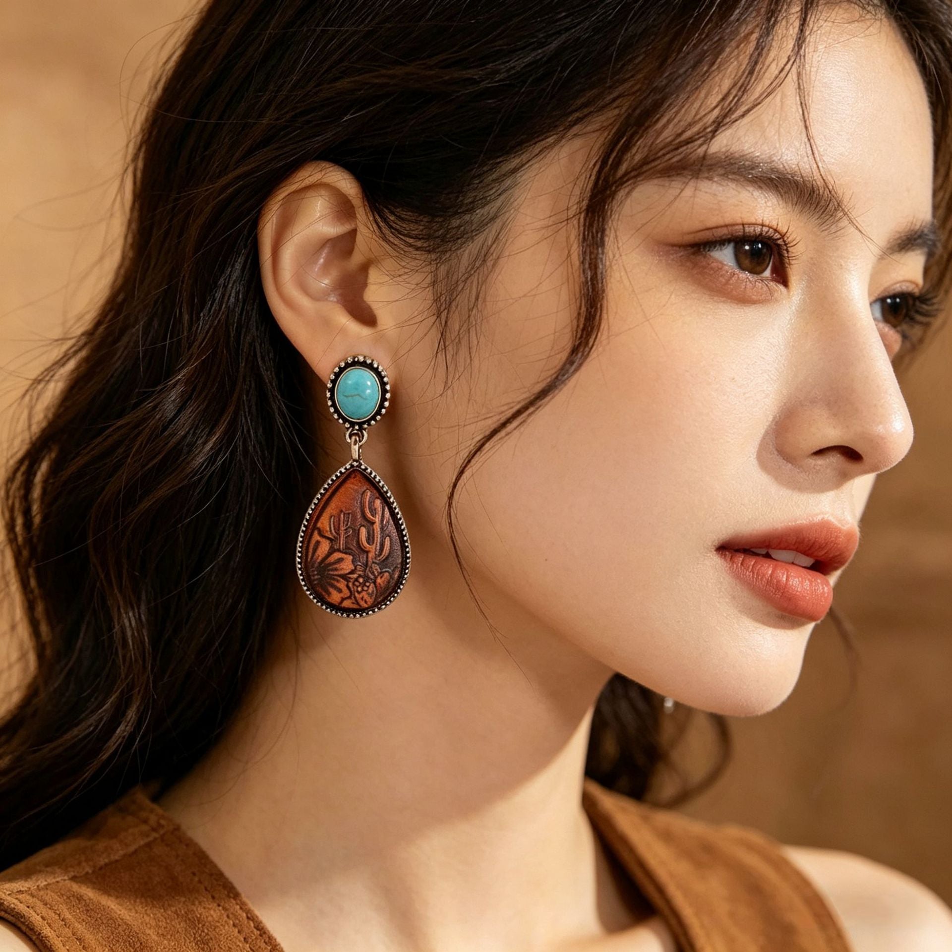 Wholesale Retro Western Turquoise Cactus Drop Earrings Antique Silver Finish Jewelry Accessory For Resale