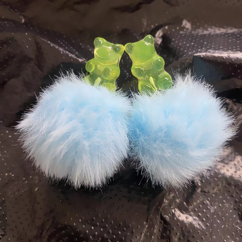 Wholesale Bear Candy Color Fur Ball Earrings