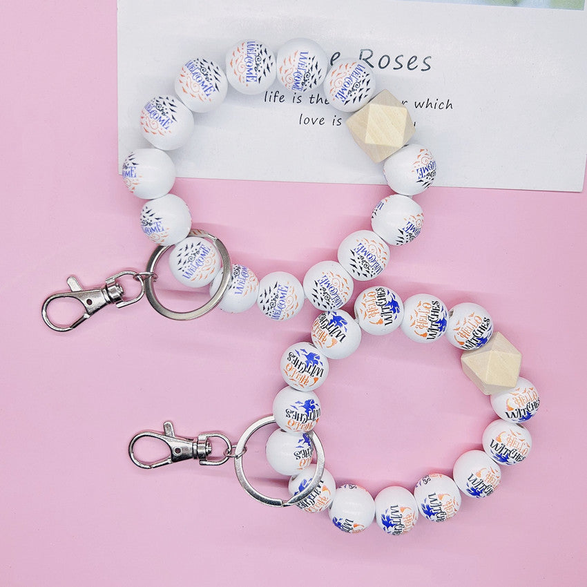 Wholesale Halloween Wooden Bead Bracelet Keychain