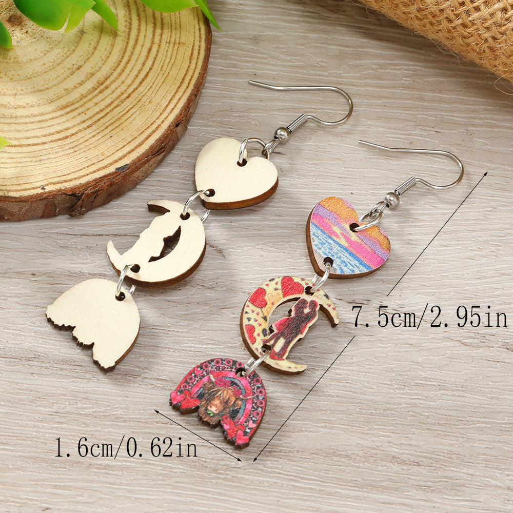 Wholesale Valentine's Day Printed Love Moon Wooden Earrings