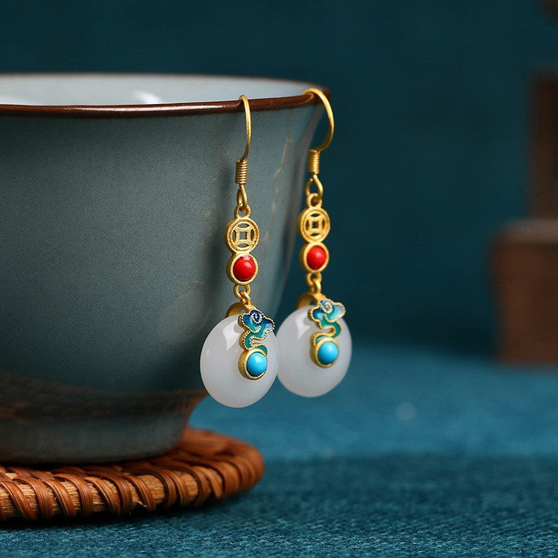 Wholesale Chinese style national style niche design Xiangyun peace buckle imitation Hetian jade temperament retro earrings Qixi girlfriend gift