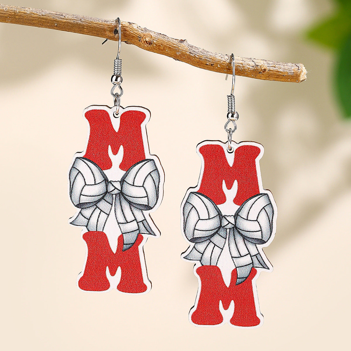 Wholesale Mother' s Day Wooden Earrings Sports Baseball Shiny Earrings Bow Jewelry