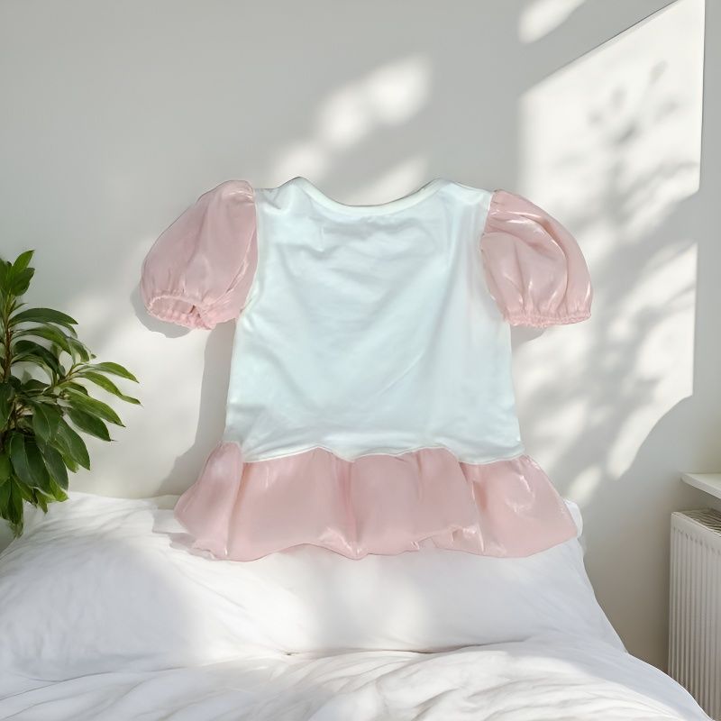 Wholesale Girls Cotton Bubble Sleeve Tee Solid Color Crew Neck Short Sleeve Top Summer Princess Style For Toddler Daily Wear