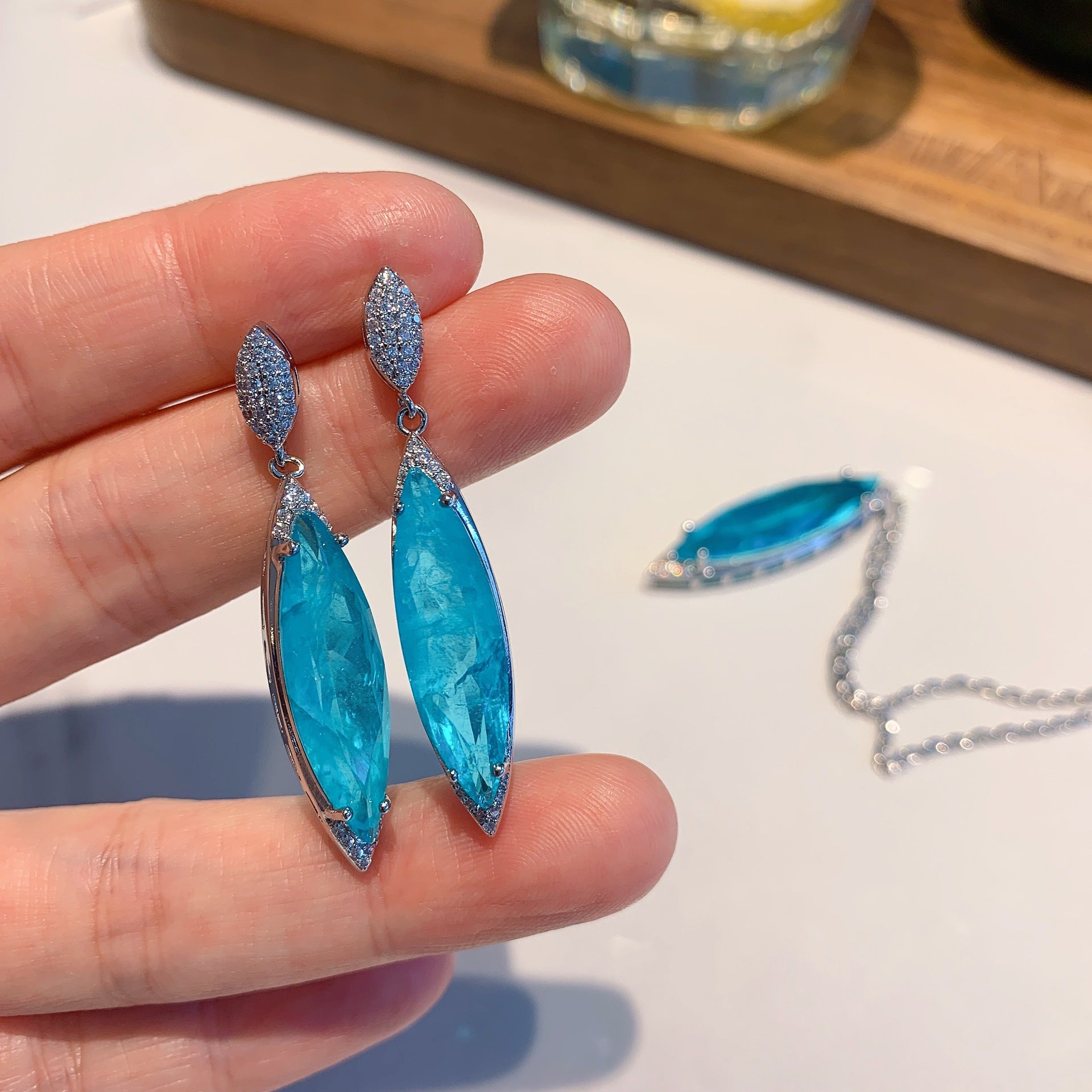 Wholesale Blue Simulated Paraiba Earrings Necklace Jewelry Set