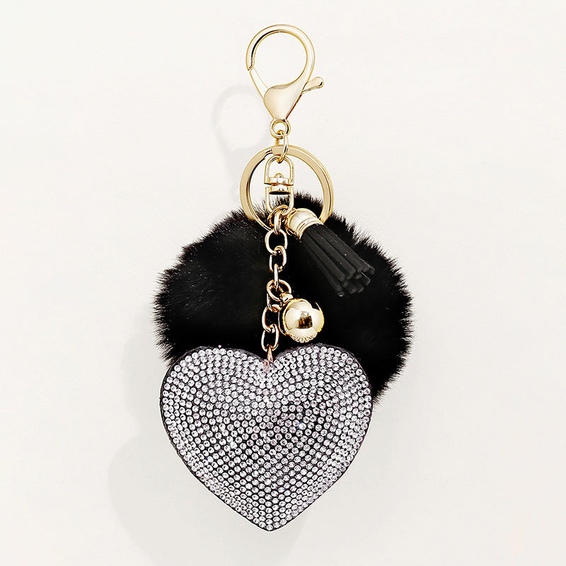 Wholesale of 50pcs Velvet Inlaid Diamond Heart Tassel Zinc Alloy Keychain