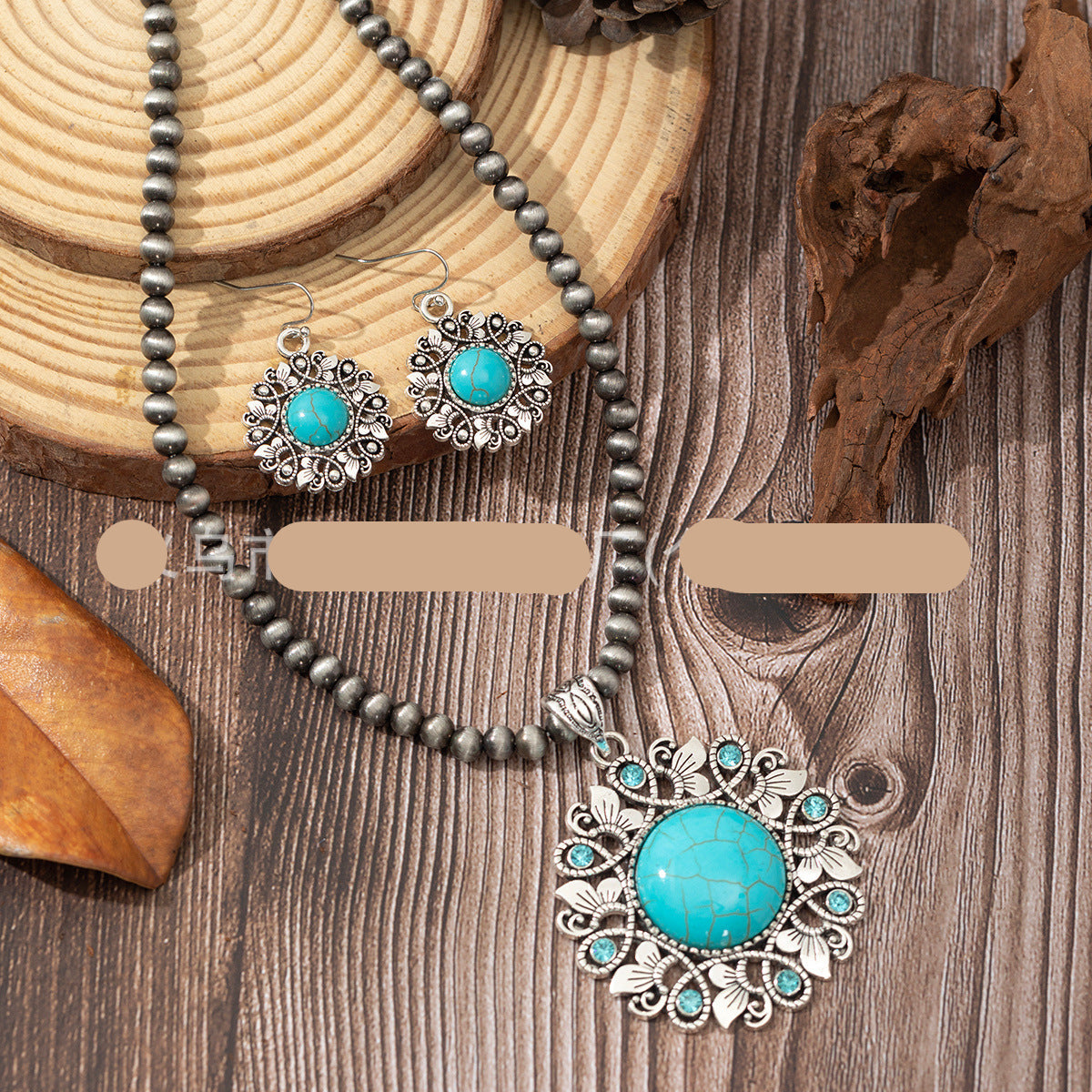 Wholesale Bohemian round diamond and turquoise alloy necklace earrings
