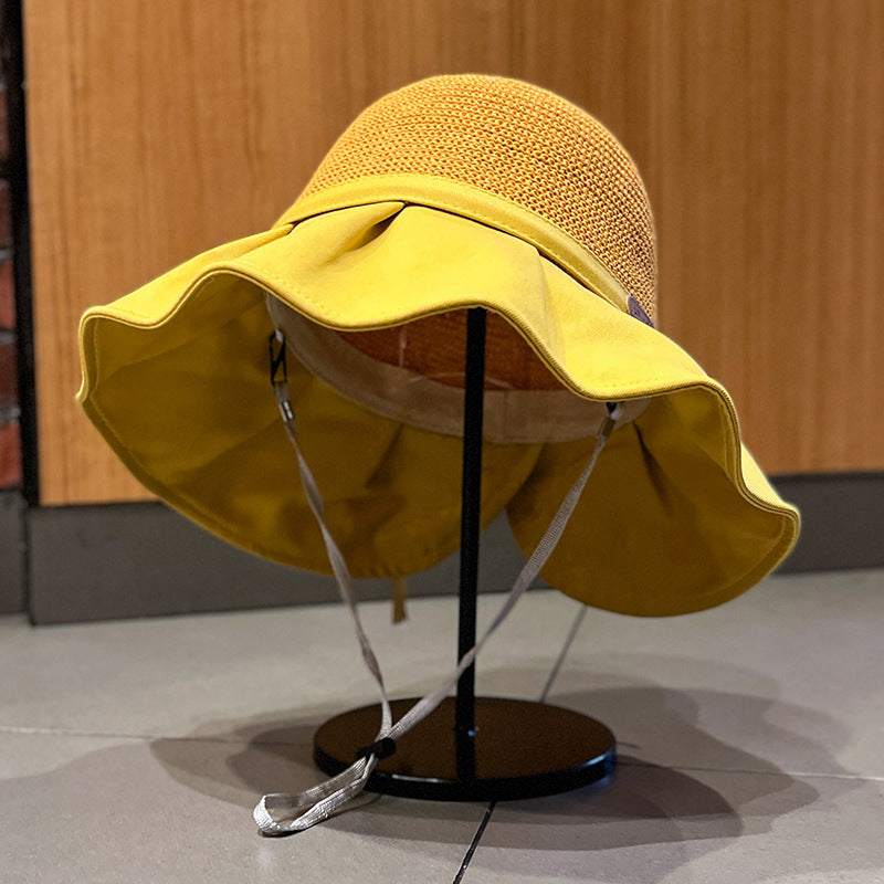 Wholesale Letter Logo Hollow Straw Knitted Large Brim Bucket Hat with Back Slit