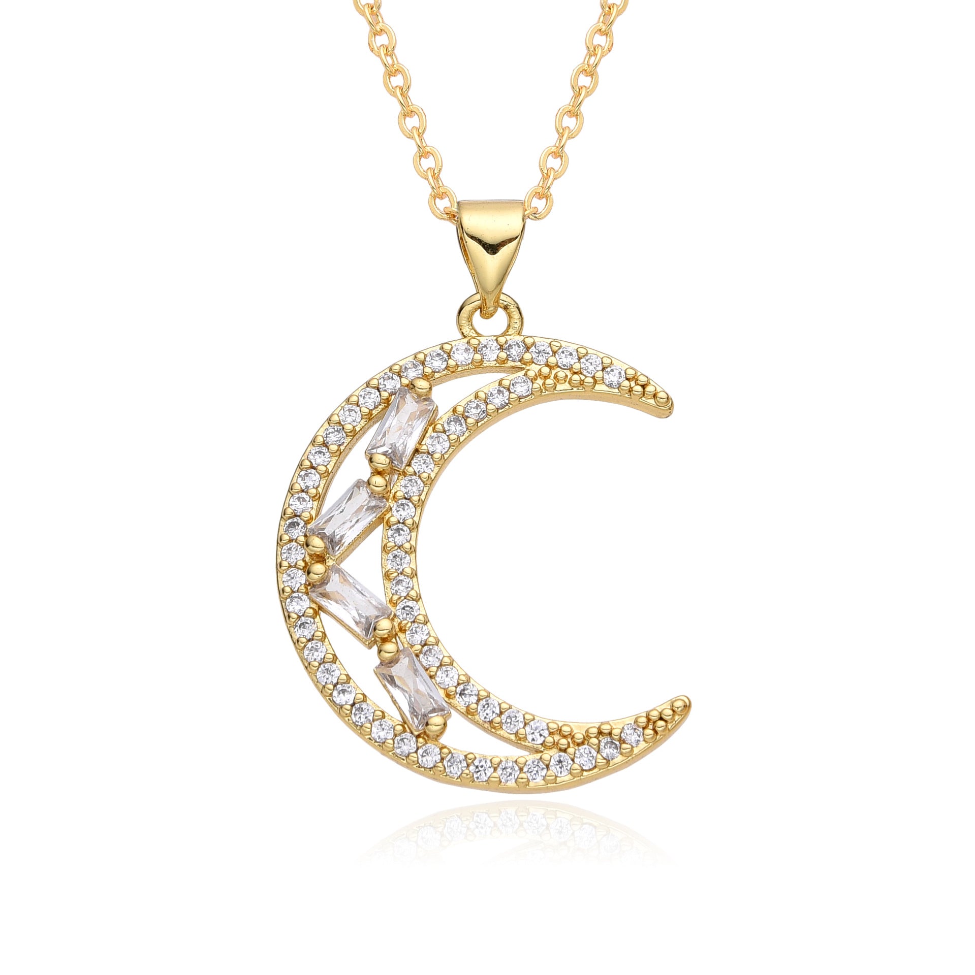 Wholesale Copper Plated 18K Gold Colored Zircon Moon Love Necklace