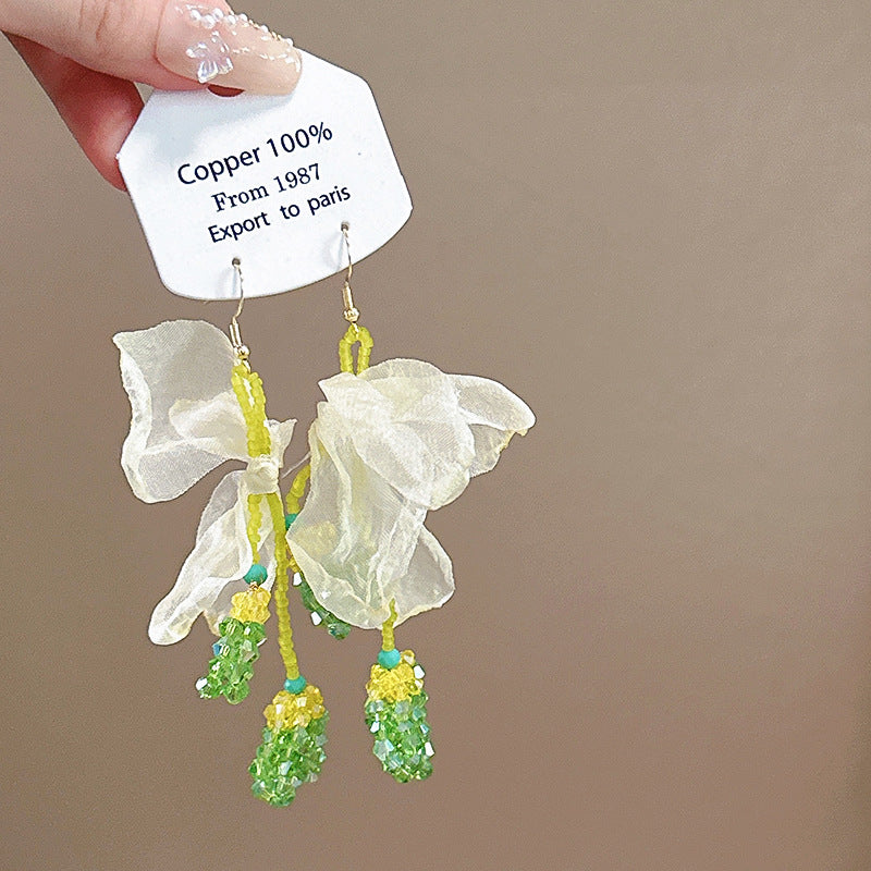 Wholesale Fabric flower super fairy handmade beaded fairy small fresh flower silver needle earrings