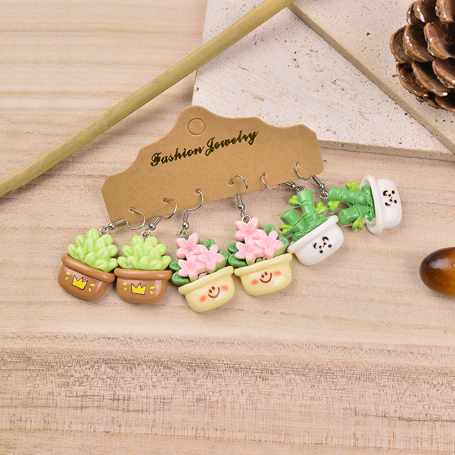 Wholesale Cute Expression Plant Flower Potted Plastic/Resin Earrings Set