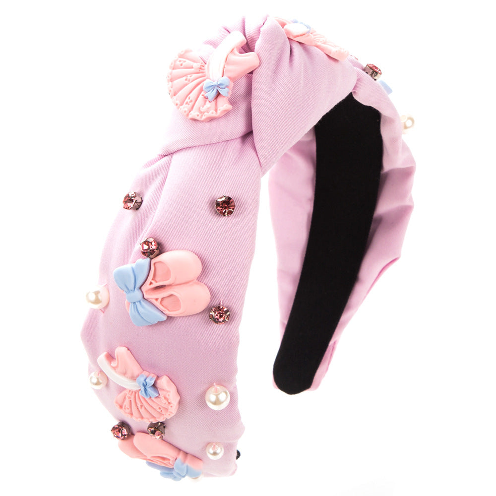 Wholesale Girls Pink Dress Accessories Hand-sewn Gem Pearl Headband